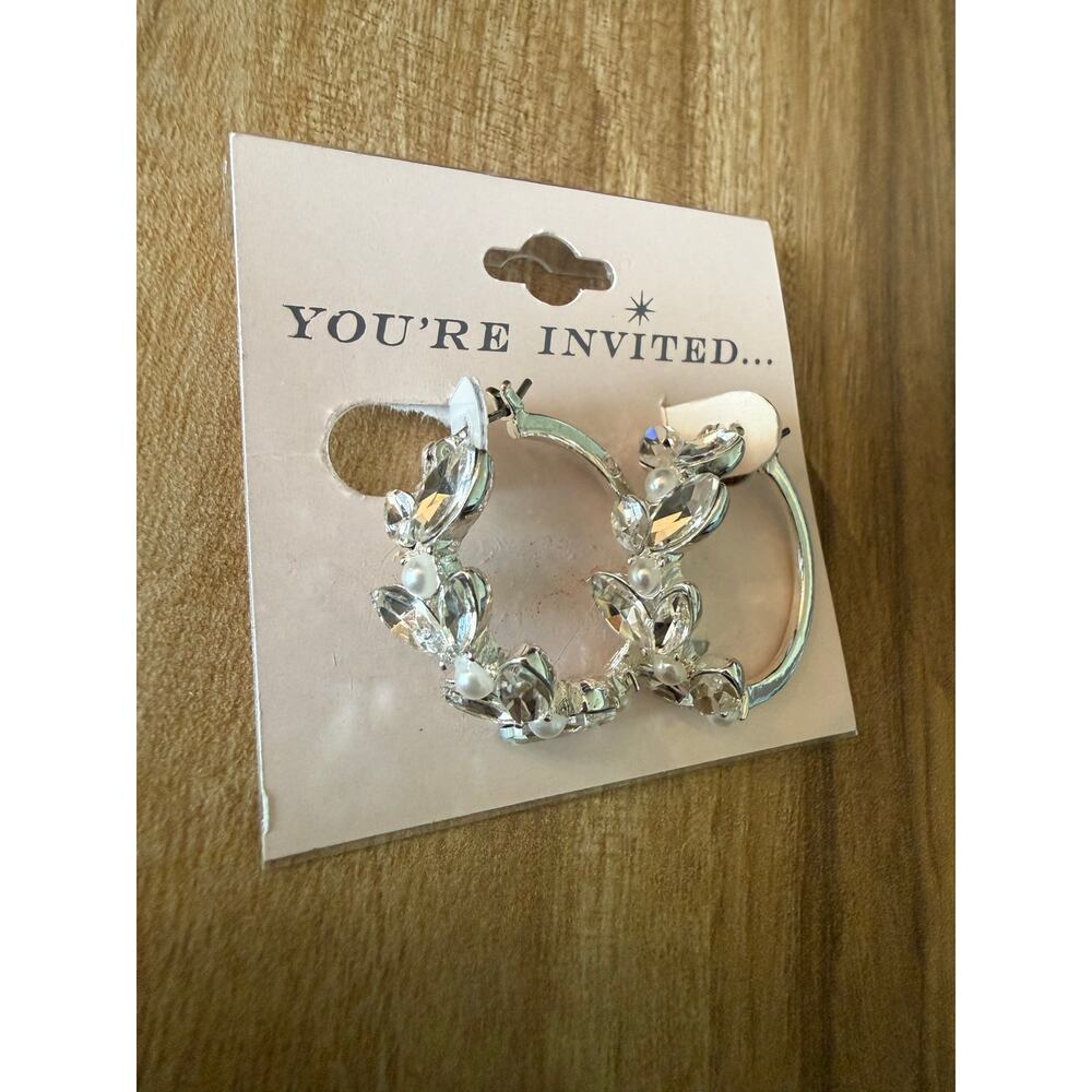 NWT You're Invited 27 mm Silver Tone Simulated Pearl & Crystal Hoop Earrings